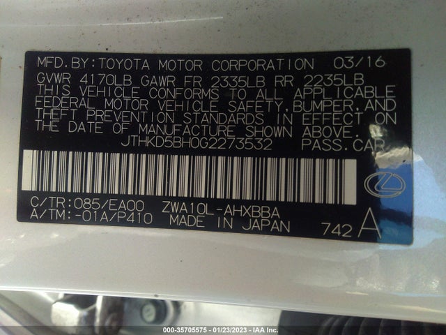 2016 Lexus CT, VIN: JTHKD5BH0G2273532
