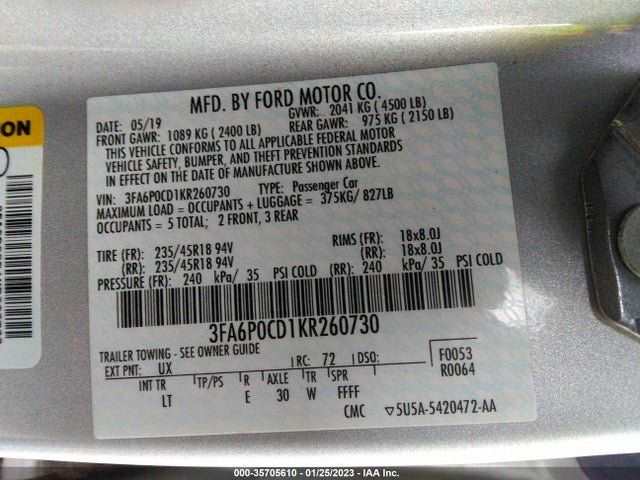 Ford FUSION SEL 2019 3FA6P0CD1KR260730 Image 10