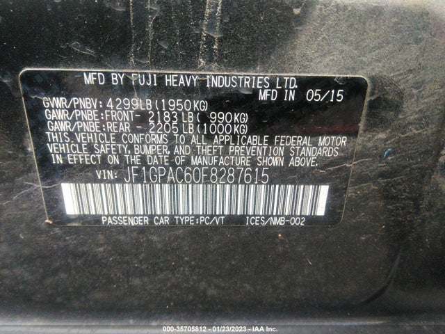 2015 SUBARU IMPREZA WAGON 2.0I PREMIUM VIN: JF1GPAC60F8287615