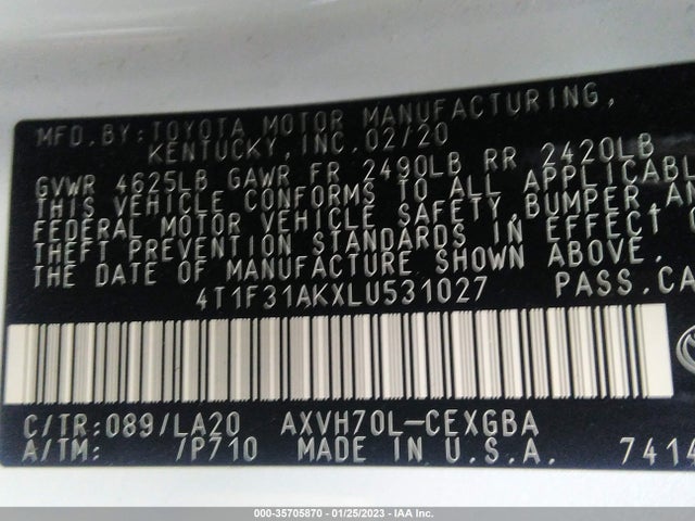 2020 Toyota Camry, VIN: 4T1F31AKXLU531027