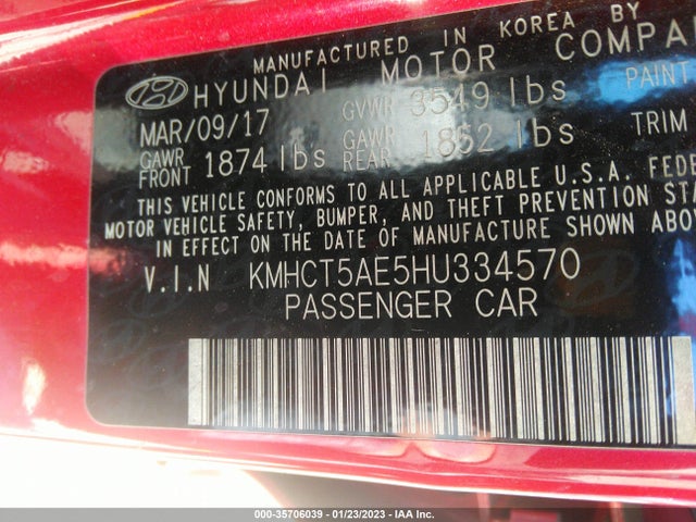 2017 HYUNDAI ACCENT SE VIN: KMHCT5AE5HU334570