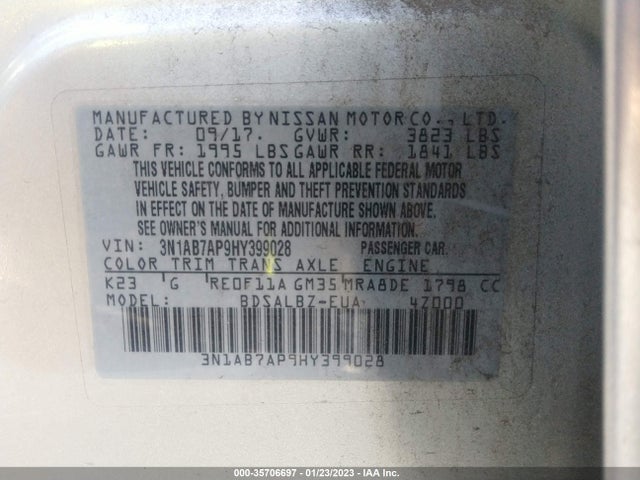2017 NISSAN SENTRA S VIN: 3N1AB7AP9HY399028