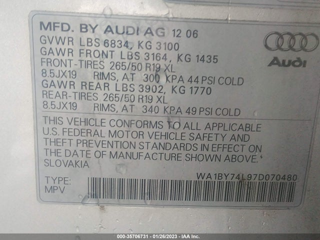 Audi Q7 PREMIUM 2007 WA1BY74L97D070480 Image 10