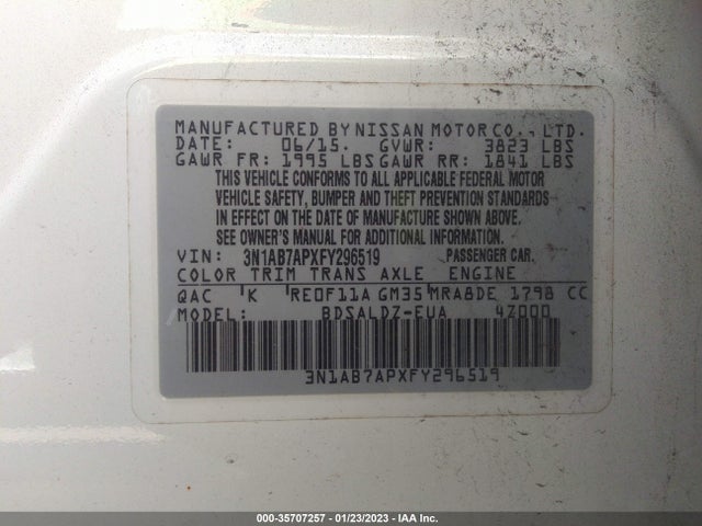 2015 NISSAN SENTRA SV VIN: 3N1AB7APXFY296519