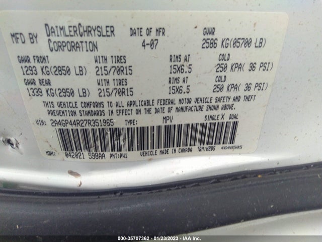 2007 CHRYSLER TOWN & COUNTRY LWB LX VIN: 2A4GP44R27R351965