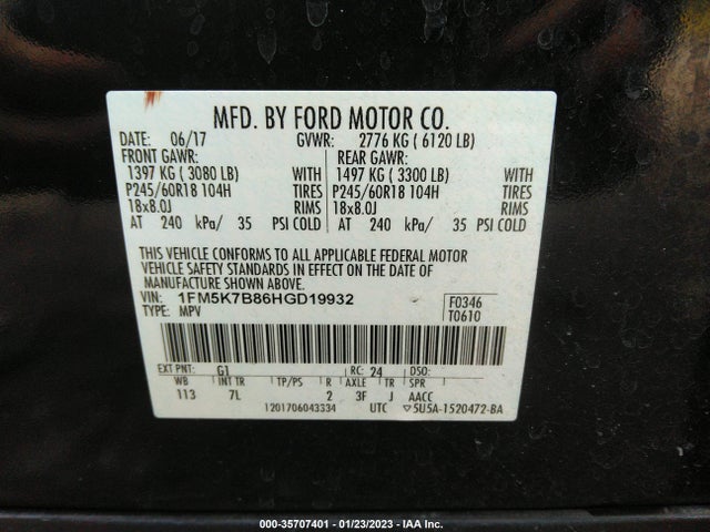2017 FORD EXPLORER BASE VIN: 1FM5K7B86HGD19932