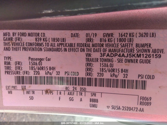 2019 FORD FIESTA S VIN: 3FADP4AJ5KM126159