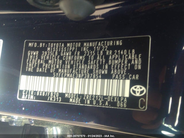 2022 TOYOTA COROLLA LE VIN: 5YFEPMAE3NP387854