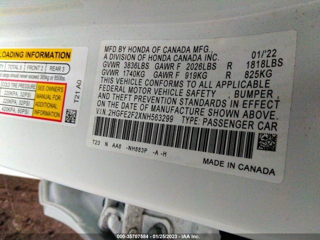 2022 Honda Civic, VIN: 2HGFE2F2XNH563299