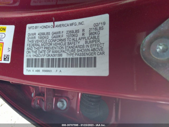 2019 HONDA ACCORD SEDAN LX 1.5T VIN: 1HGCV1F13KA061586