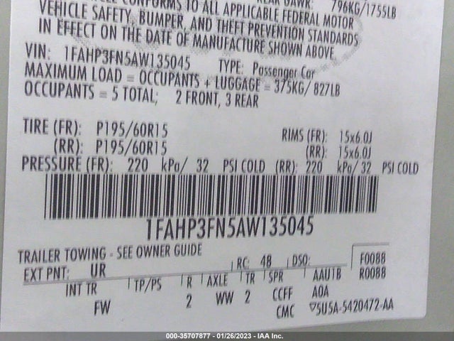 2010 FORD FOCUS SE VIN: 1FAHP3FN5AW135045