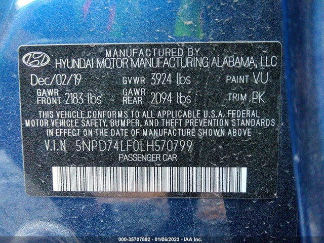 2020 HYUNDAI ELANTRA SE VIN: 5NPD74LF0LH570799
