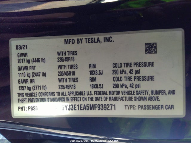 Tesla MODEL 3 2021 5YJ3E1EA5MF939271 Image 9