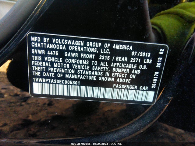 2014 VOLKSWAGEN PASSAT SE VIN: 1VWBP7A33EC005301