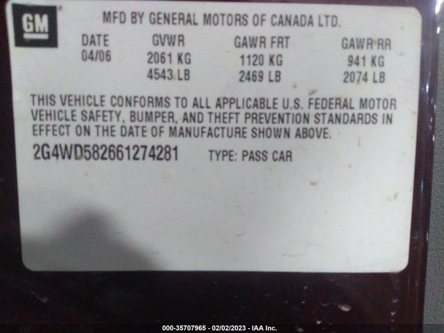 2006 BUICK LACROSSE CXL VIN: 2G4WD582661274281