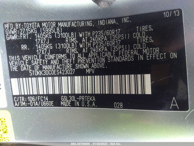 2014 TOYOTA SIENNA LE VIN: 5TDKK3DC0ES423027