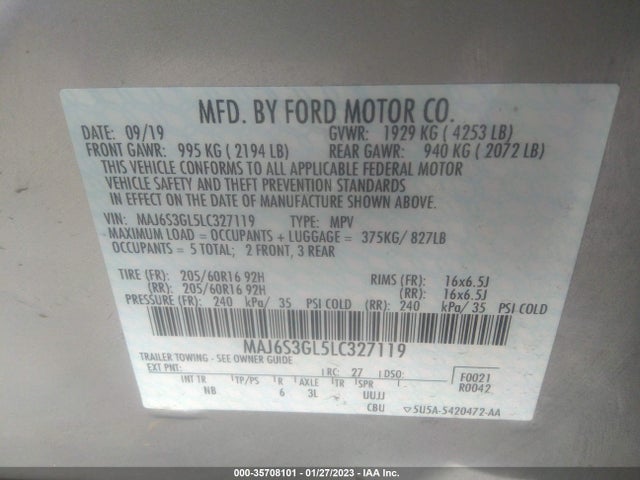 2020 FORD ECOSPORT SE VIN: MAJ6S3GL5LC327119