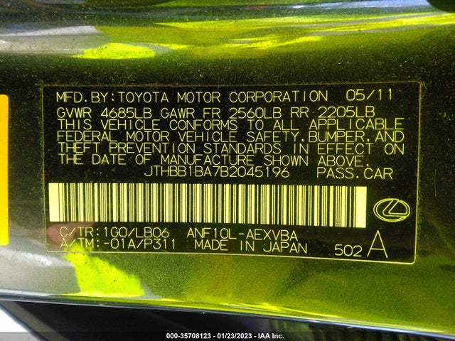 JTHBB1BA7B2045196 Lexus HS 250H