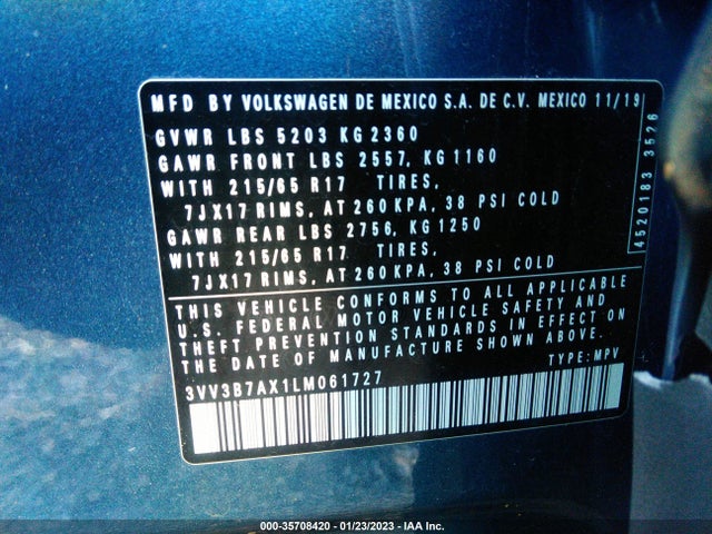 3VV3B7AX1LM061727 Volkswagen Tiguan Se/sel/se R-line Black