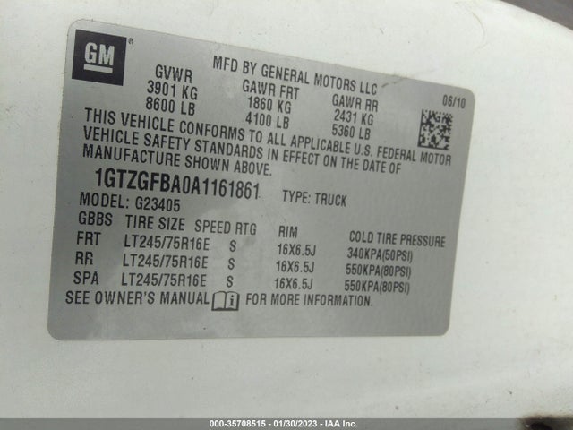 2010 GMC SAVANA CARGO VAN VIN: 1GTZGFBA0A1161861