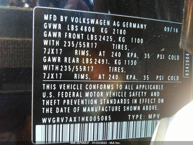 2017 Volkswagen Tiguan, VIN: WVGRV7AX1HK005085