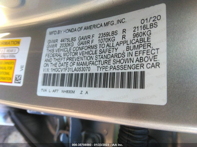 2020 HONDA ACCORD SEDAN SPORT VIN: 1HGCV1F31LA053070