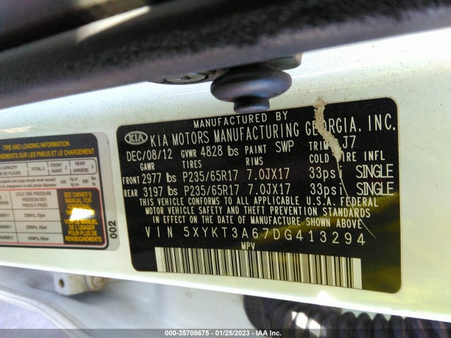 2013 KIA SORENTO LX VIN: 5XYKT3A67DG413294