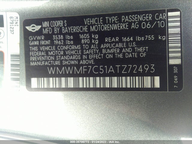 WMWMF7C51ATZ72493 Mini COOPER HARDTOP