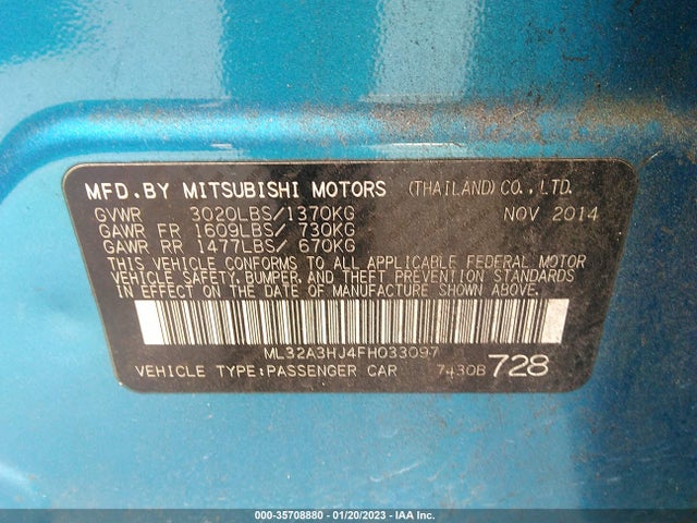 2015 MITSUBISHI MIRAGE DE/RF VIN: ML32A3HJ4FH033097