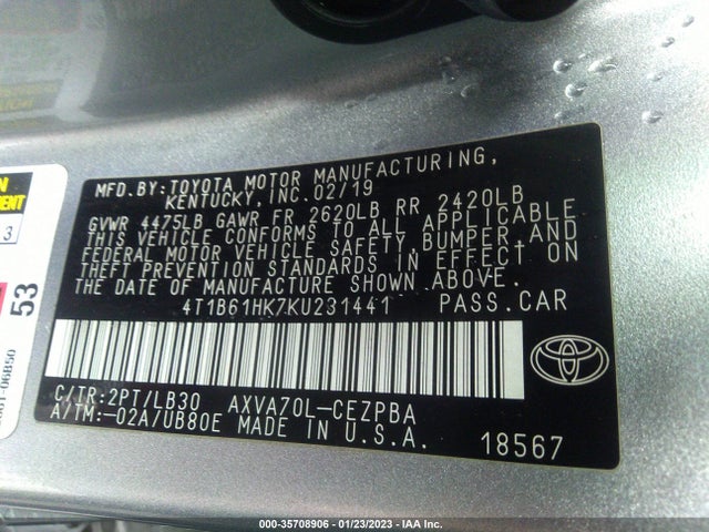 2019 Toyota Camry, VIN: 4T1B61HK7KU231441