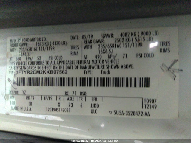 Ford TRANSIT VAN 2019 1FTYR2CM2KKB07562 Image 9