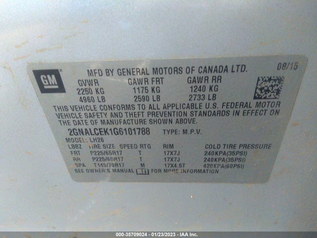 Chevrolet EQUINOX LT 2016 2GNALCEK1G6101788 Image 9
