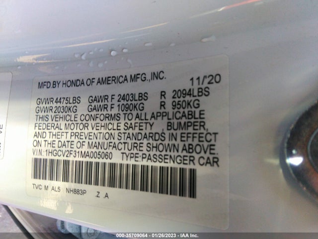 2021 HONDA ACCORD SEDAN SPORT VIN: 1HGCV2F31MA005060