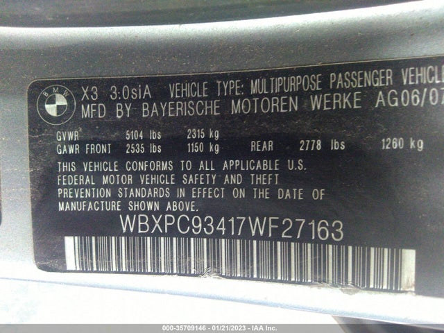 BMW X3 3.0SI 2007 WBXPC93417WF27163 Image 9