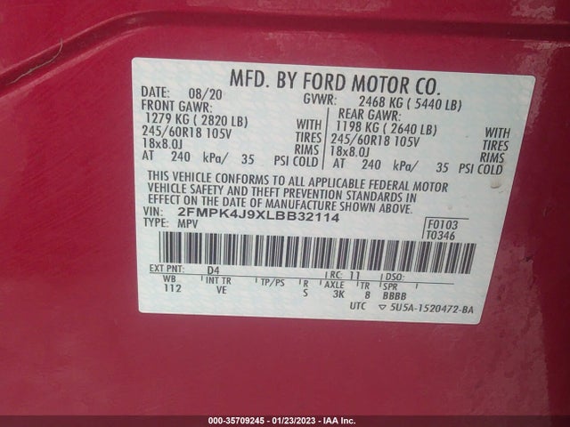 2020 Ford Edge, VIN: 2FMPK4J9XLBB32114