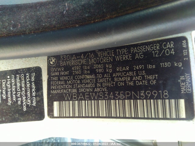 BMW 3 Series 330xi 2005 WBAEW53435PN39918 Image 10