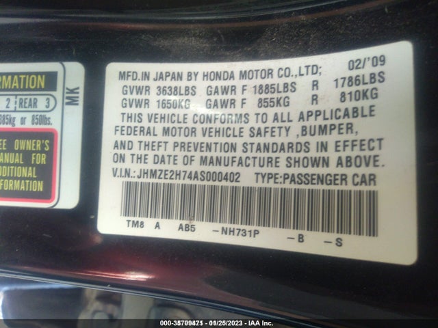 2010 HONDA INSIGHT EX VIN: JHMZE2H74AS000402