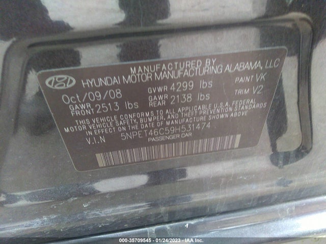 2009 HYUNDAI SONATA GLS VIN: 5NPET46C59H531474