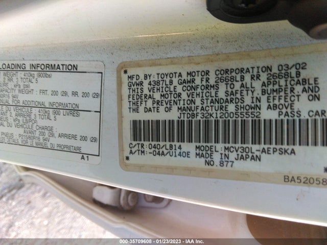 2002 TOYOTA CAMRY XLE/LE/SE VIN: JTDBF32K120055552