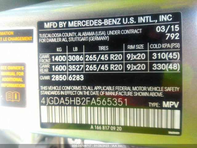 2015 Mercedes-Benz M-Class, VIN: 4JGDA5HB2FA565351