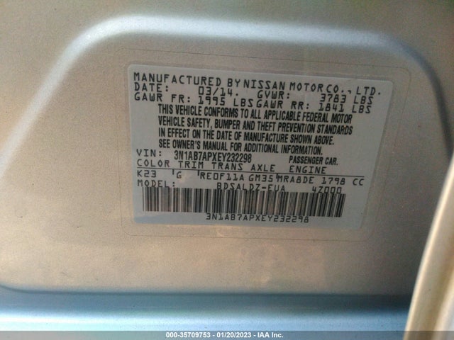 2014 NISSAN SENTRA S/FE+ S/SV/FE+ SV/SR/SL VIN: 3N1AB7APXEY232298