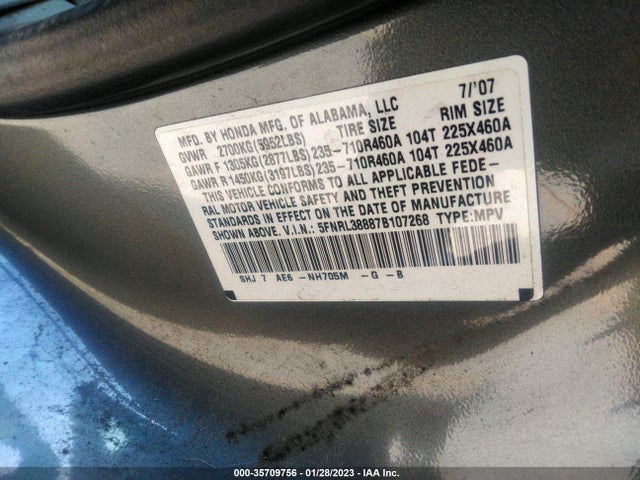 2007 HONDA ODYSSEY TOURING VIN: 5FNRL38887B107268