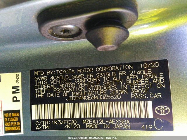 2021 TOYOTA COROLLA SE/APEX SE VIN: JTDP4MCE6MJ065520