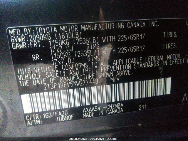 2022 TOYOTA RAV4 XLE VIN: 2T3P1RFV5NW277443