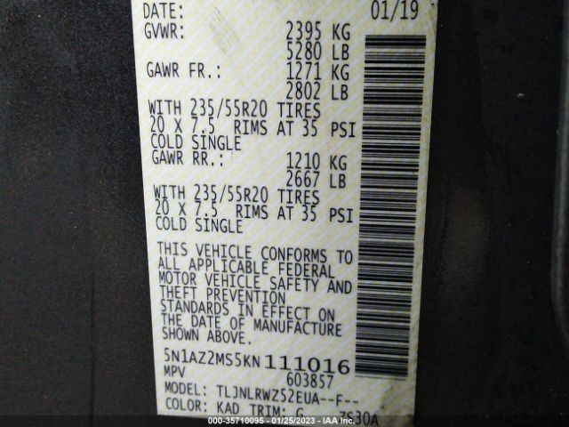 5N1AZ2MS5KN111016 Nissan MURANO SL