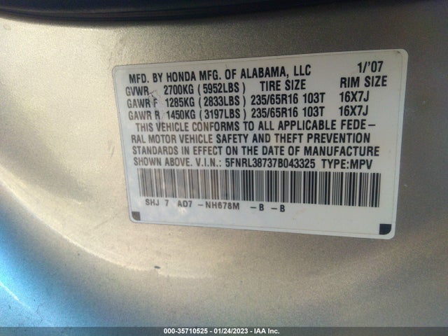 2007 HONDA ODYSSEY EX-L VIN: 5FNRL38737B043325