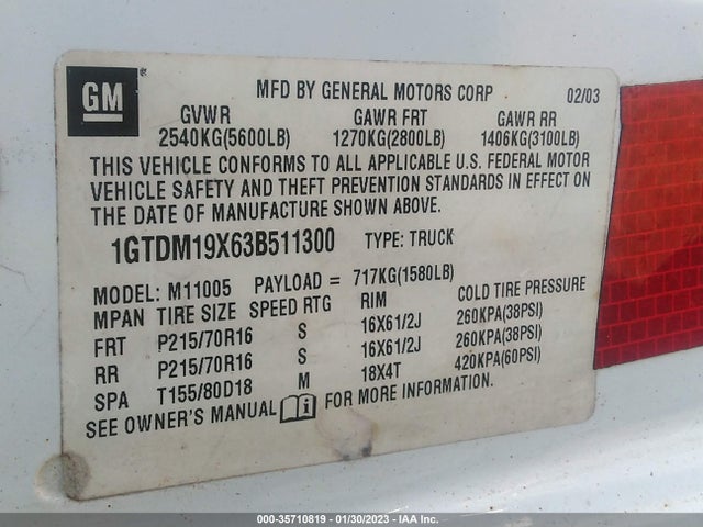 2003 GMC SAFARI CARGO VAN VIN: 1GTDM19X63B511300