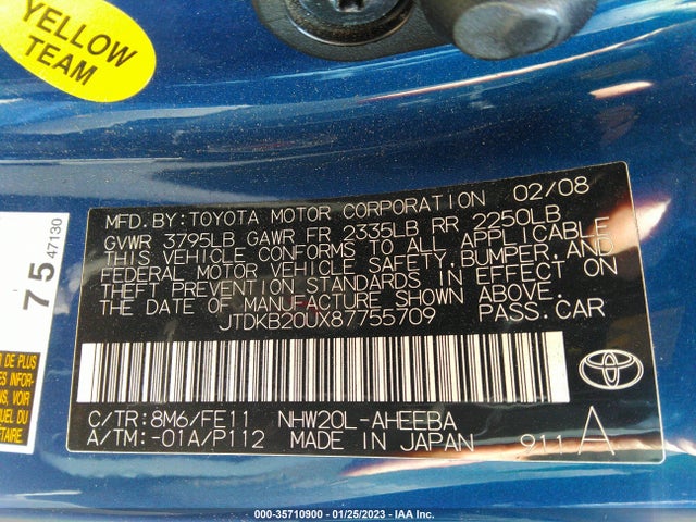 2008 TOYOTA PRIUS VIN: JTDKB20UX87755709