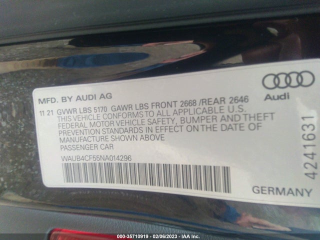 2022 Audi S5, VIN: WAUB4CF55NA014296