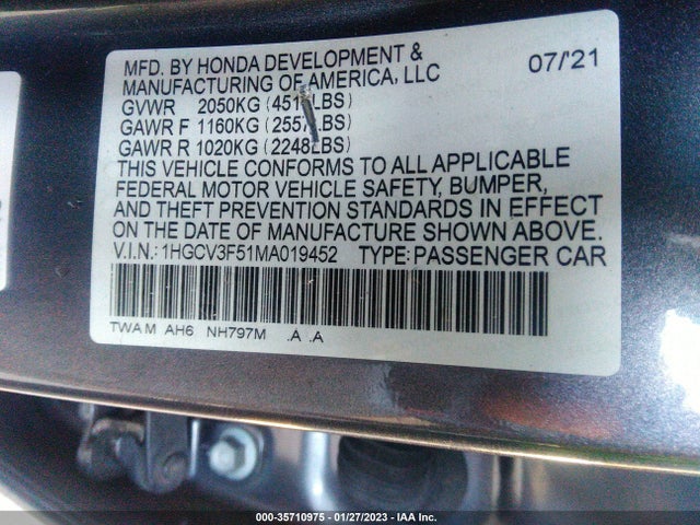 2021 Honda Accord, VIN: 1HGCV3F51MA019452